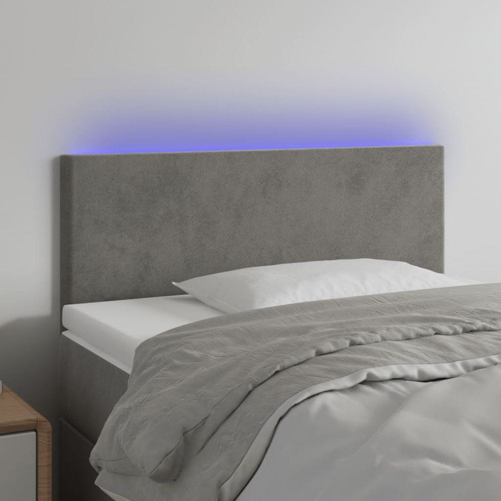 Vidaxl Čelo postele s LED bledosivé 80x5x78/88 cm zamat